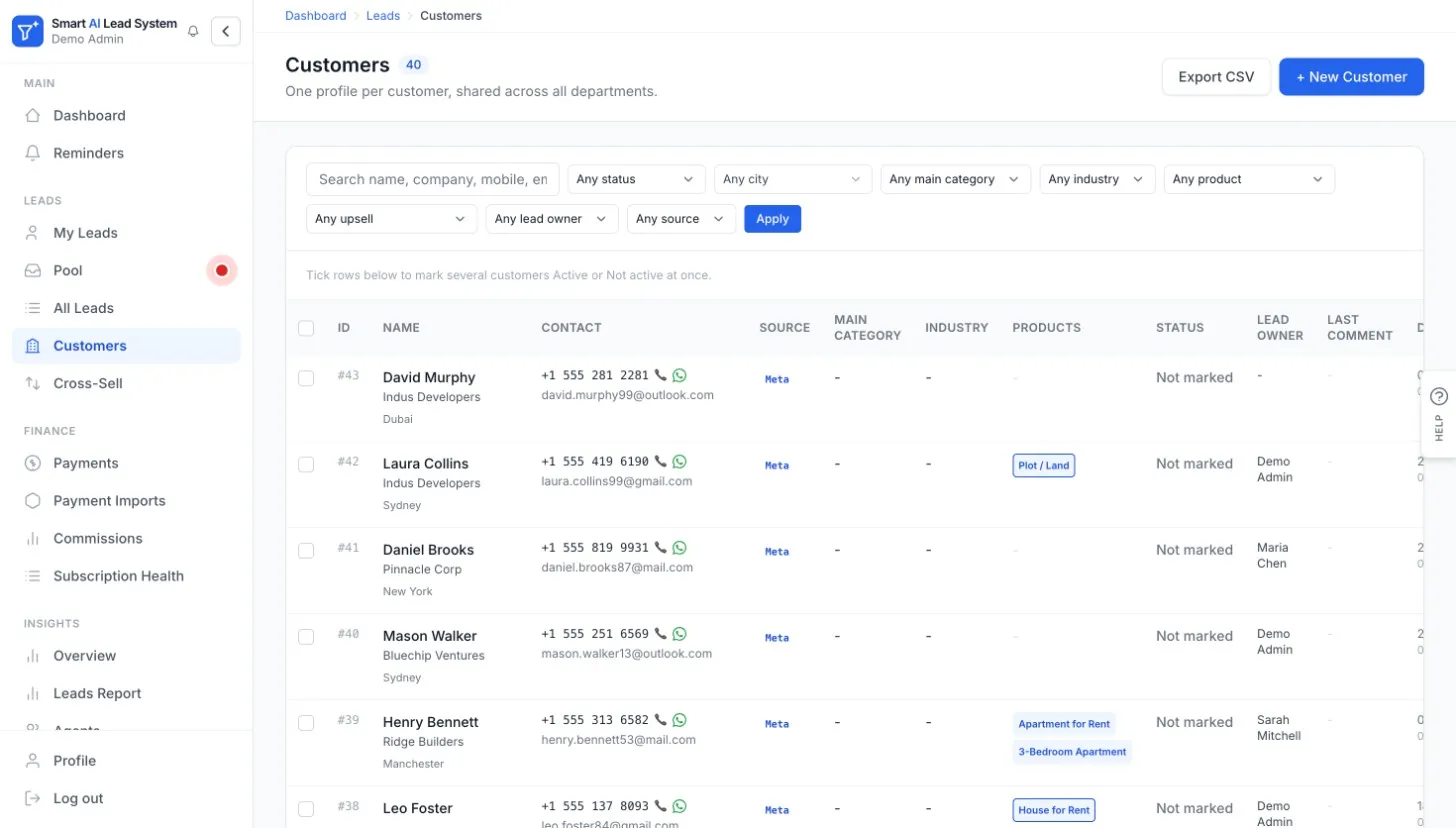 Smart AI Lead System Customers screen