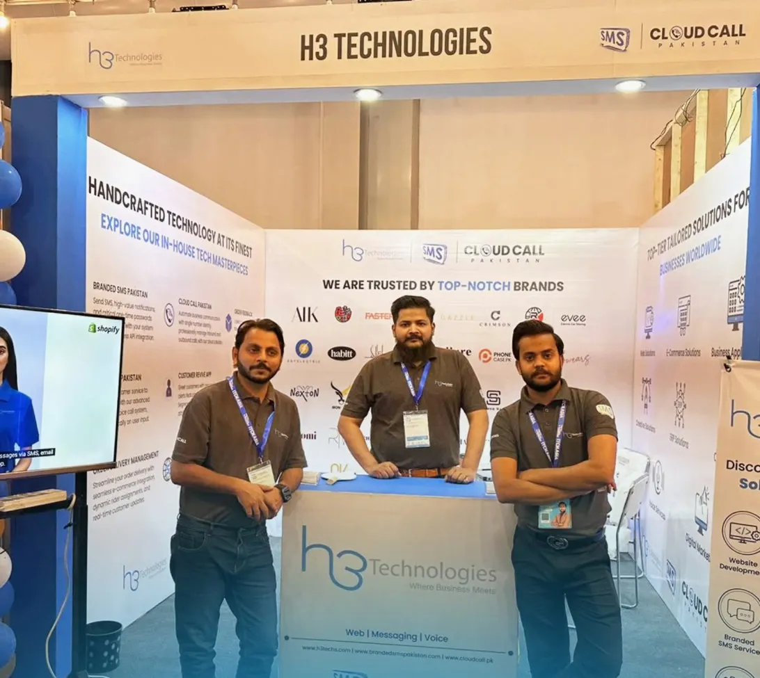 Three H3 team members at the H3 Technologies booth, ITCN Asia Lahore
