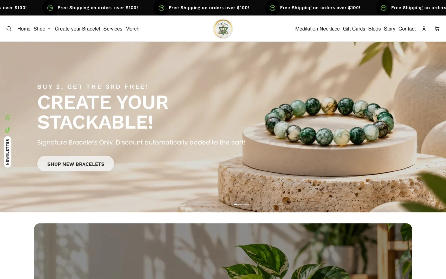 Redesigned EarthySoul Elements homepage with a Create Your Stackable banner