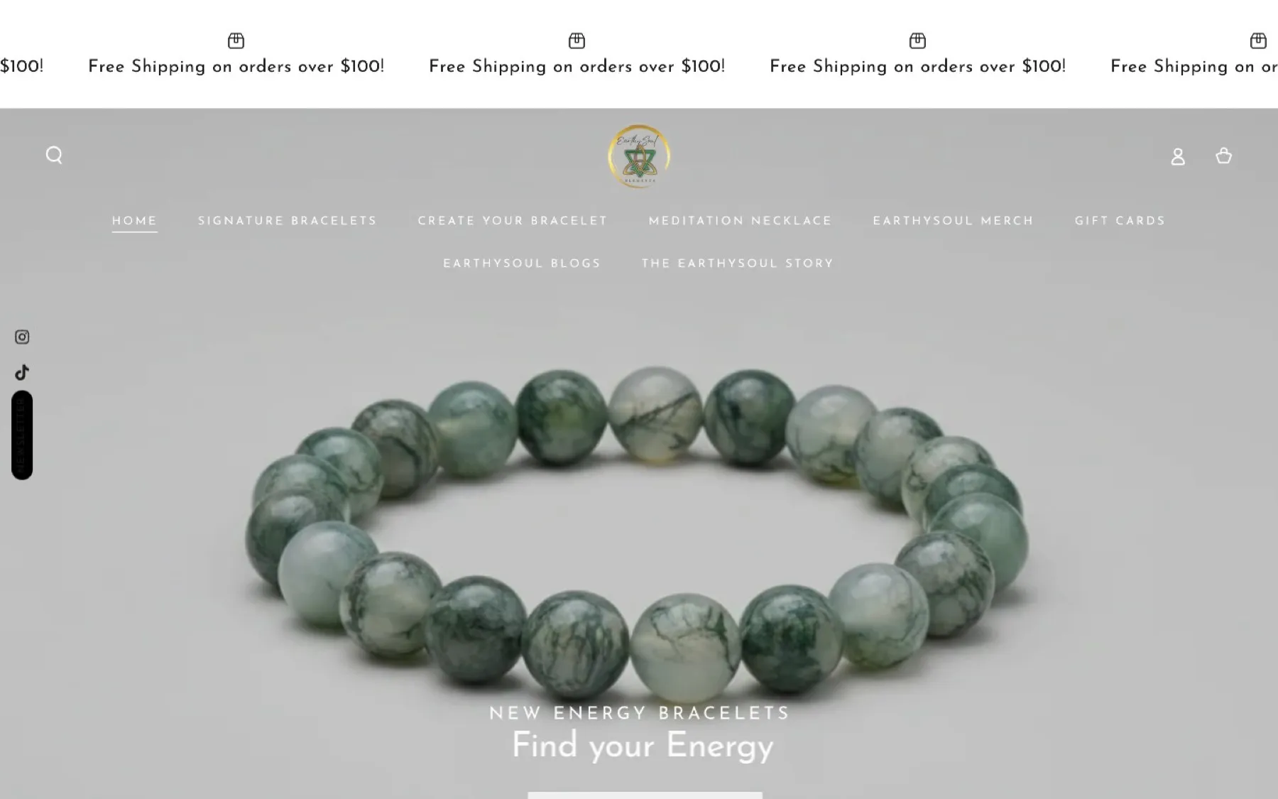 Previous EarthySoul homepage with a two-row menu over a plain grey bracelet photo