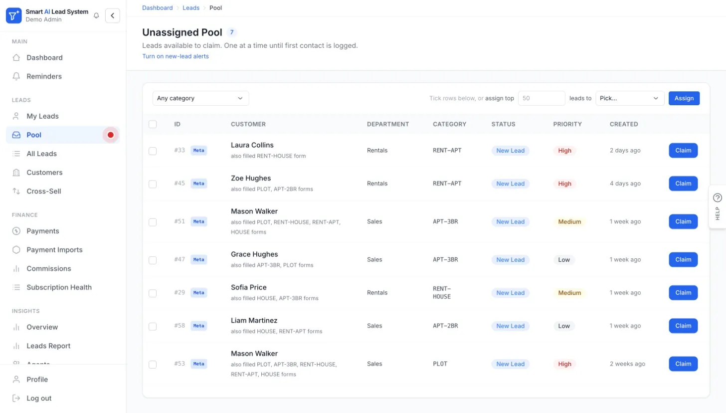 Smart AI Lead System Lead pool screen