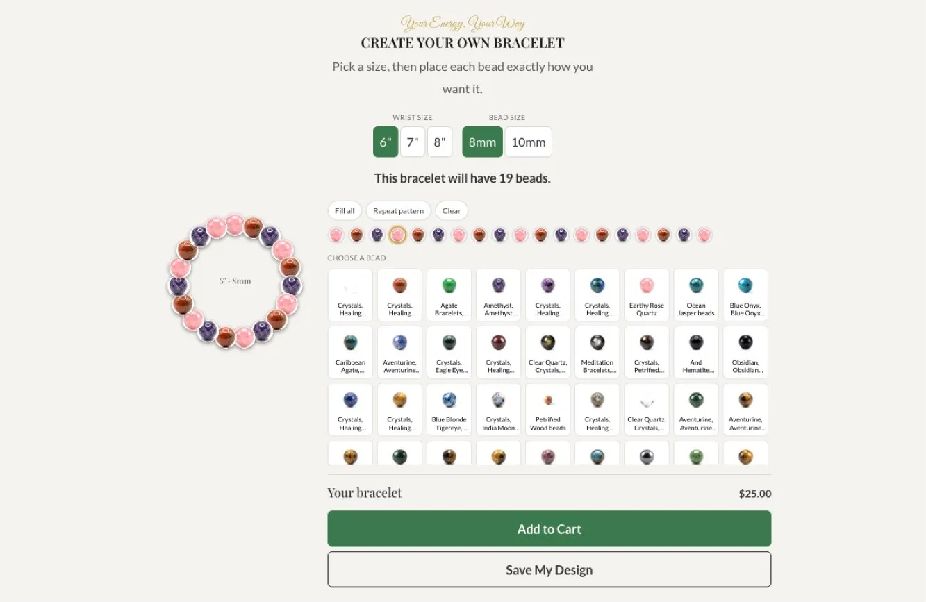 Create Your Own Bracelet builder with wrist size, bead size, a live bracelet preview and a bead picker