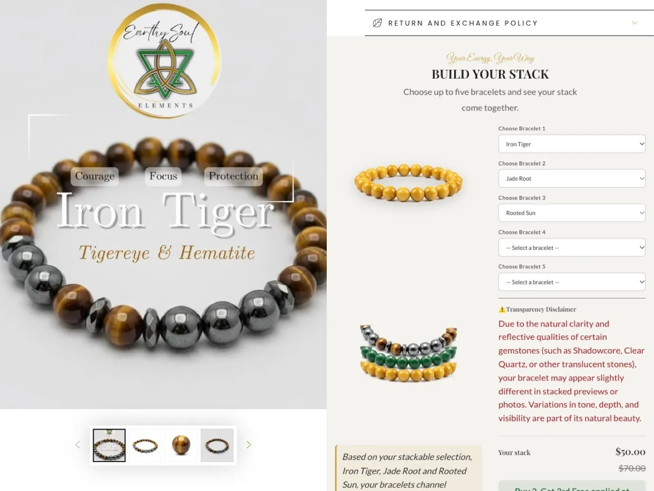 Build Your Stack panel with five bracelet pickers and a stacked preview