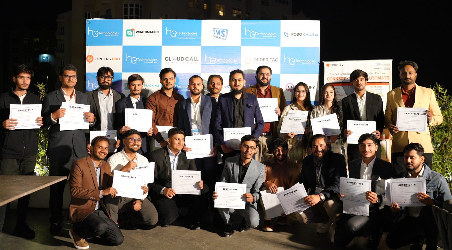 The H3 team holding their certificates at H3 Connect 2025, Karachi