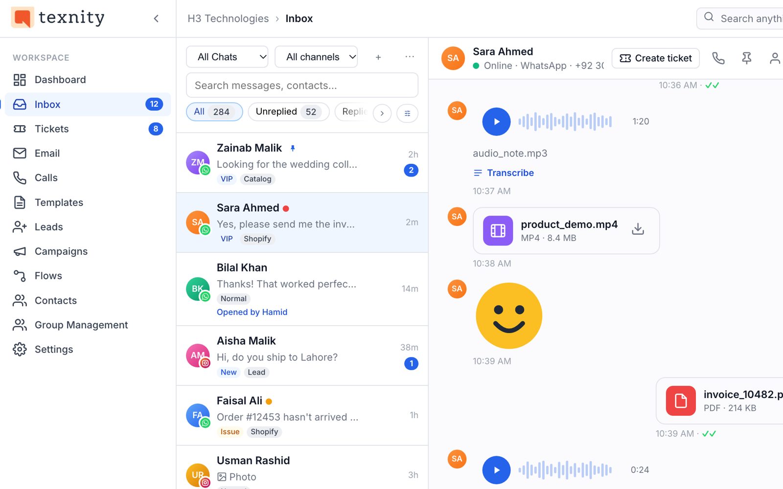 Texnity shared inbox with WhatsApp, Instagram and email chats