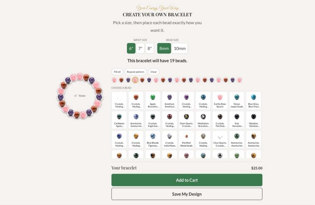 Custom bracelet builder on the EarthySoul Elements Shopify store